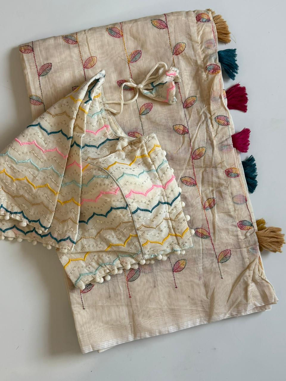 Confounding Party Wear Chanderi Cotton Embroidery n Tussels Work Fancy Saree With Blouse Piece