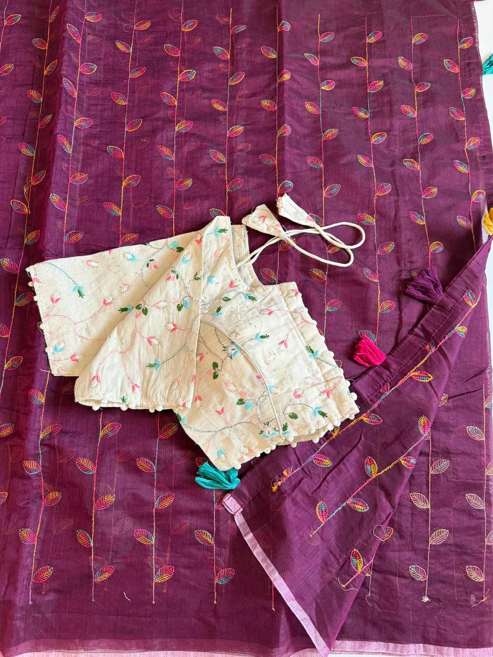 Confounding Party Wear Chanderi Cotton Embroidery n Tussels Work Fancy Saree With Blouse Piece