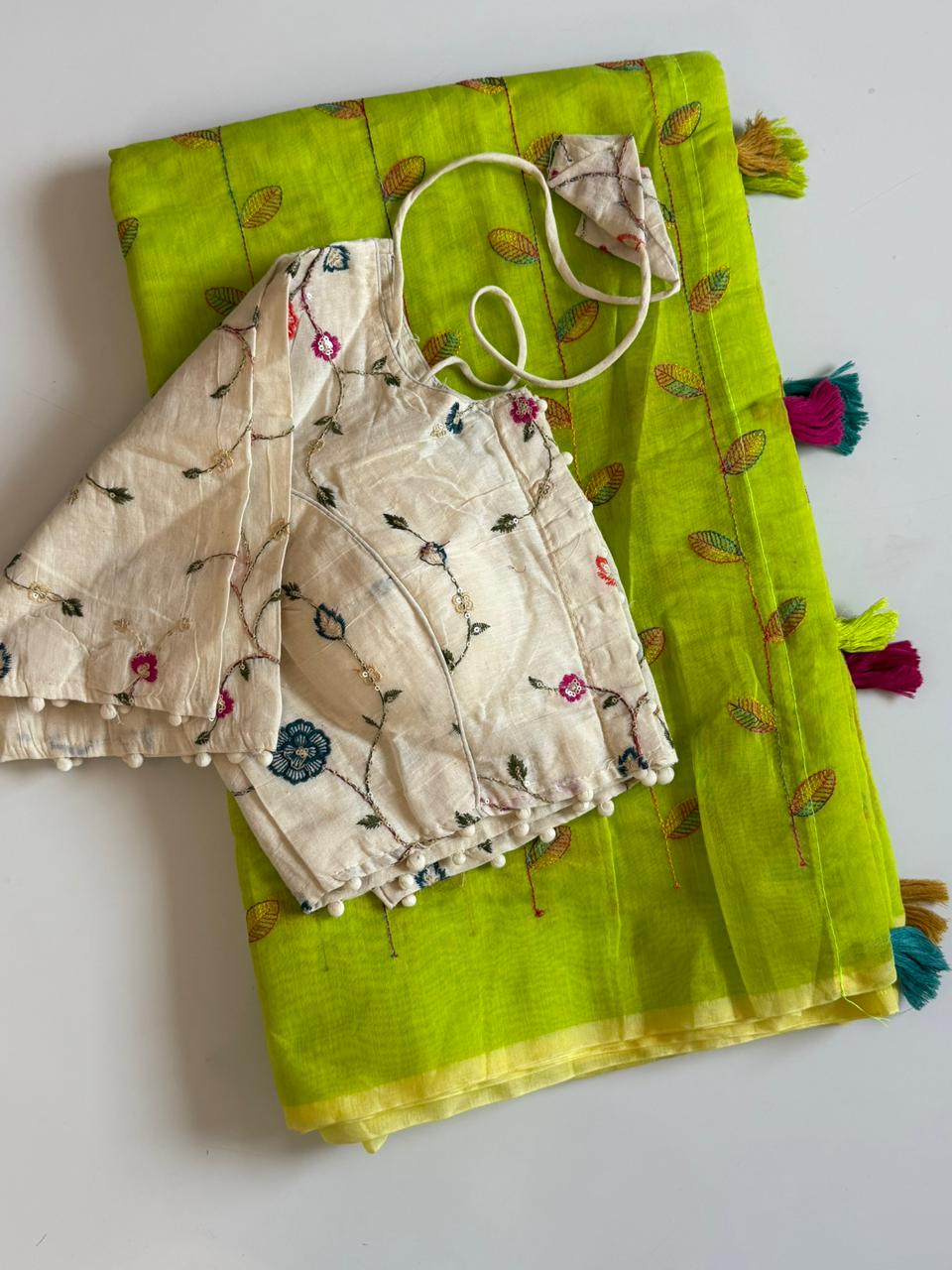Confounding Party Wear Chanderi Cotton Embroidery n Tussels Work Fancy Saree With Blouse Piece