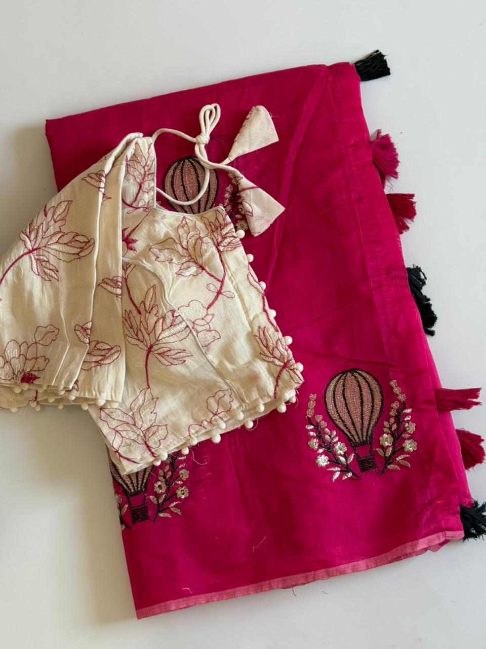 Effervescent Function Wear Soft Chanderi Cotton Embroidery n Tussels Work Fancy Saree With Stitched Blouse