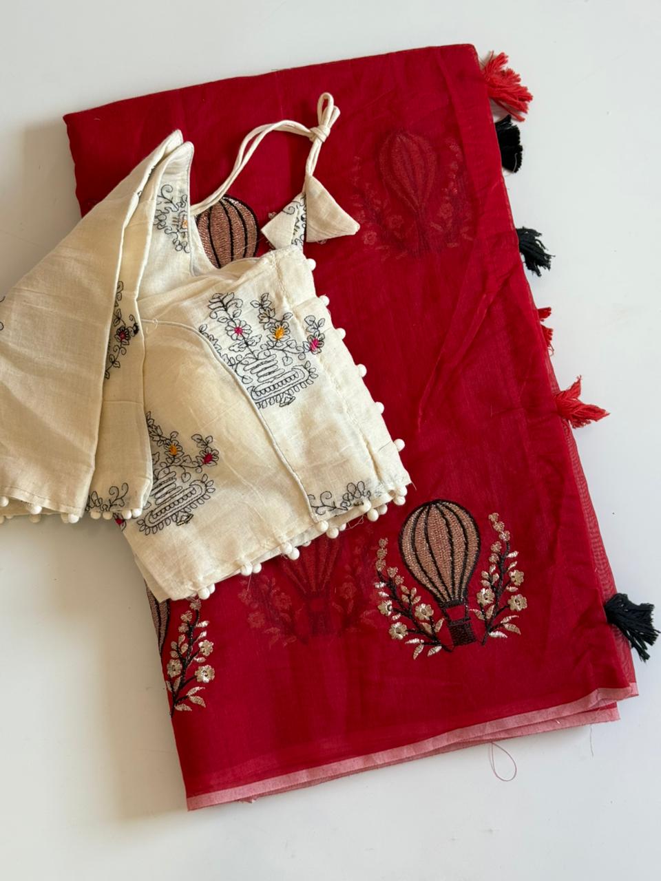 Effervescent Function Wear Soft Chanderi Cotton Embroidery n Tussels Work Fancy Saree With Stitched Blouse
