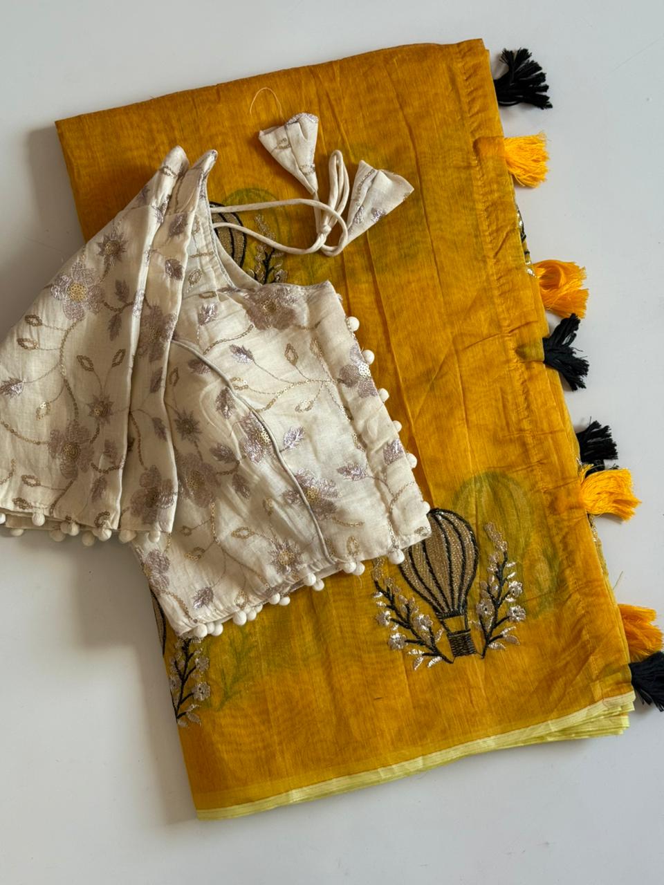 Effervescent Function Wear Soft Chanderi Cotton Embroidery n Tussels Work Fancy Saree With Stitched Blouse