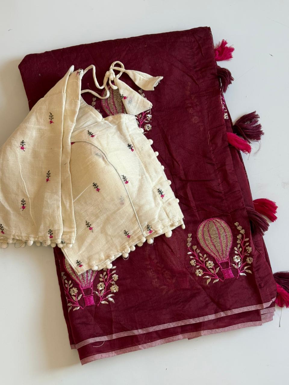 Effervescent Function Wear Soft Chanderi Cotton Embroidery n Tussels Work Fancy Saree With Stitched Blouse
