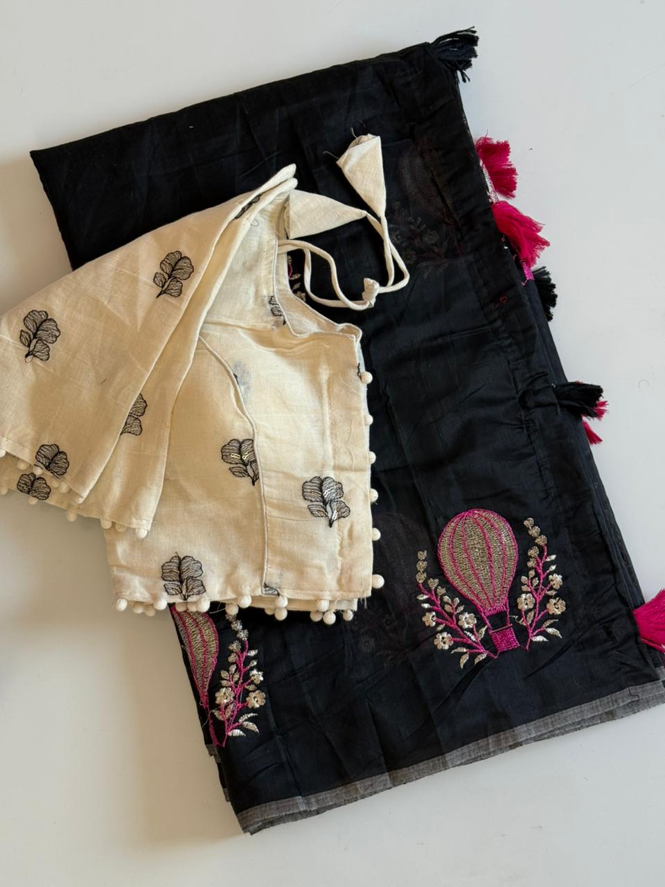 Effervescent Function Wear Soft Chanderi Cotton Embroidery n Tussels Work Fancy Saree With Stitched Blouse