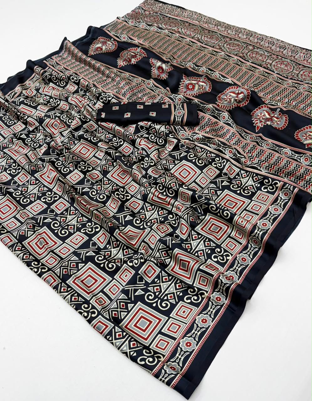 Charismatic Function Wear Pure Satin Silk Ajrak Printed Rich Pallu Designer Saree With Blouse Piece