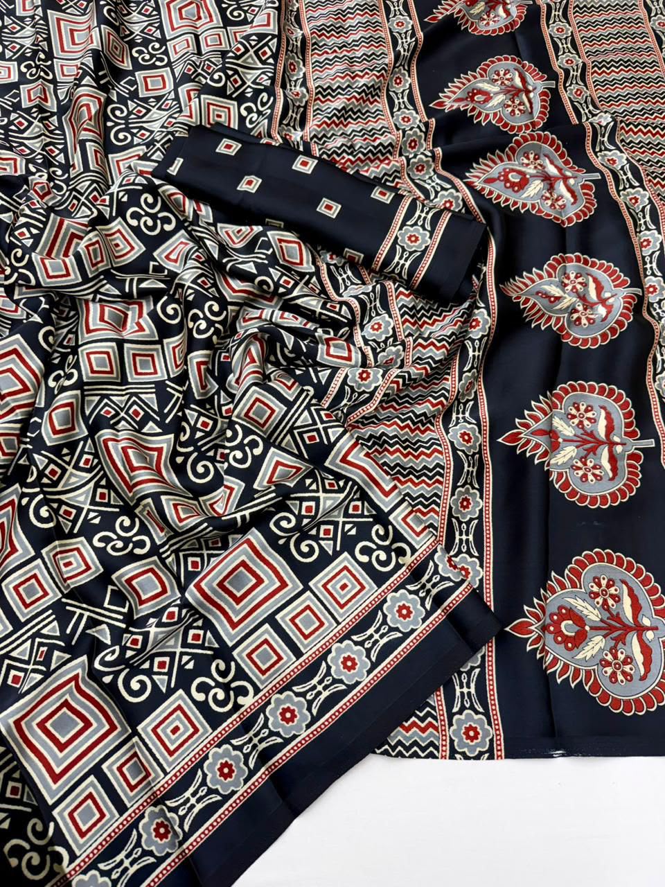 Charismatic Function Wear Pure Satin Silk Ajrak Printed Rich Pallu Designer Saree With Blouse Piece