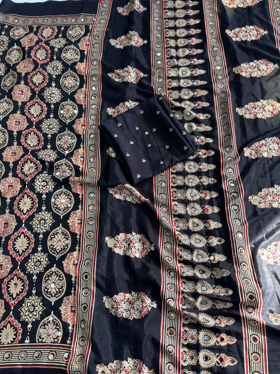 Alverina Function Wear Pure Satin Silk Ajrak Printed Rich Pallu n Mirror Work Fancy Saree With Blouse Piece