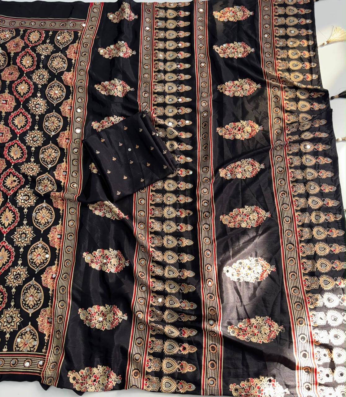 Alverina Function Wear Pure Satin Silk Ajrak Printed Rich Pallu n Mirror Work Fancy Saree With Blouse Piece