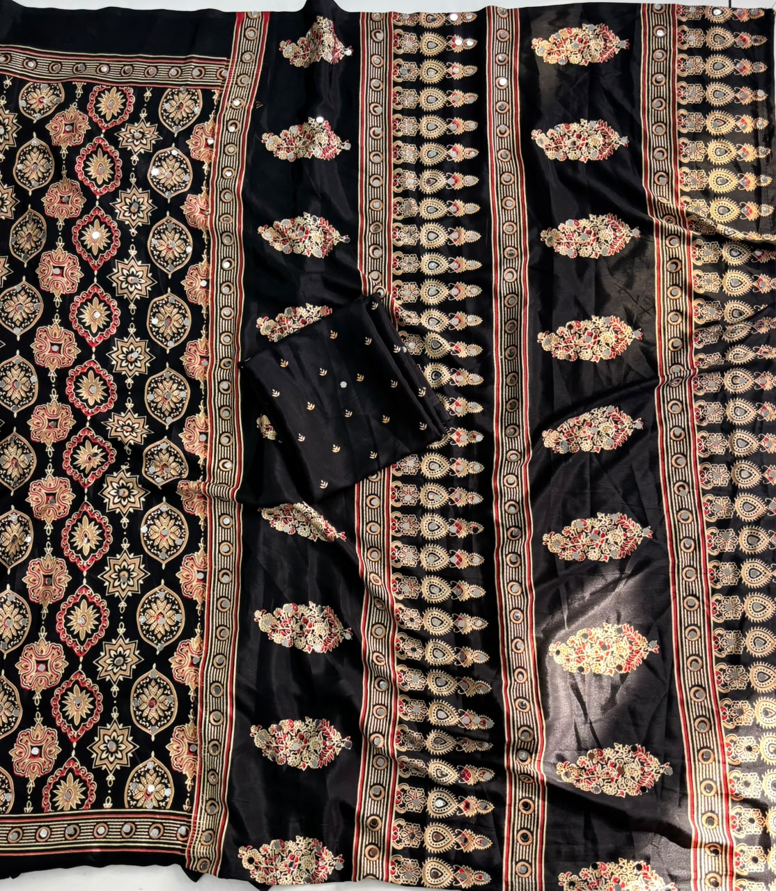 Alverina Function Wear Pure Satin Silk Ajrak Printed Rich Pallu n Mirror Work Fancy Saree With Blouse Piece