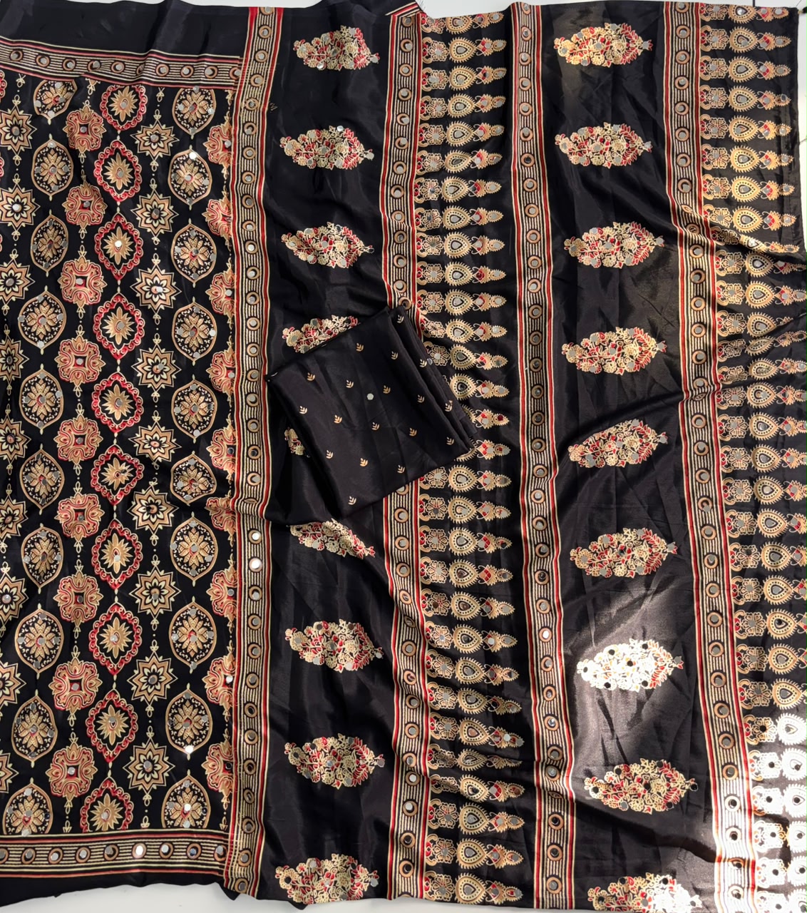 Alverina Function Wear Pure Satin Silk Ajrak Printed Rich Pallu n Mirror Work Fancy Saree With Blouse Piece