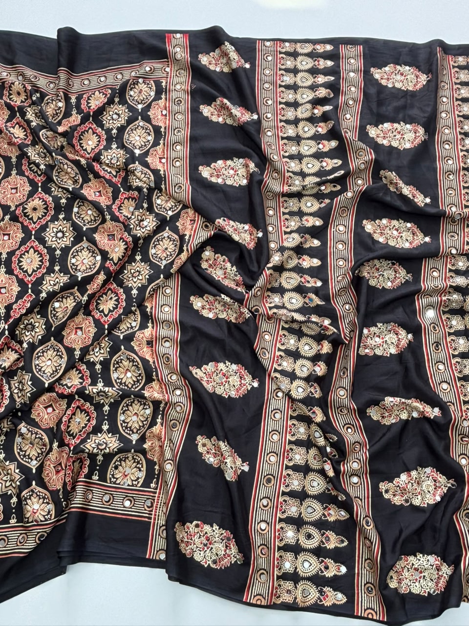 Alverina Function Wear Pure Satin Silk Ajrak Printed Rich Pallu n Mirror Work Fancy Saree With Blouse Piece