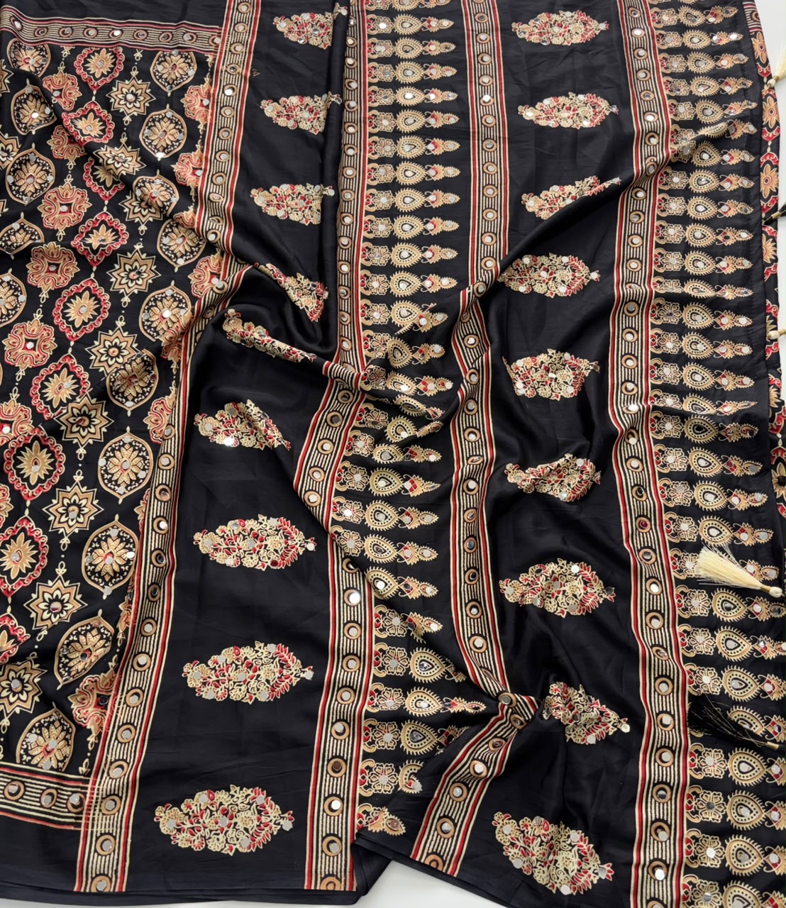 Alverina Function Wear Pure Satin Silk Ajrak Printed Rich Pallu n Mirror Work Fancy Saree With Blouse Piece