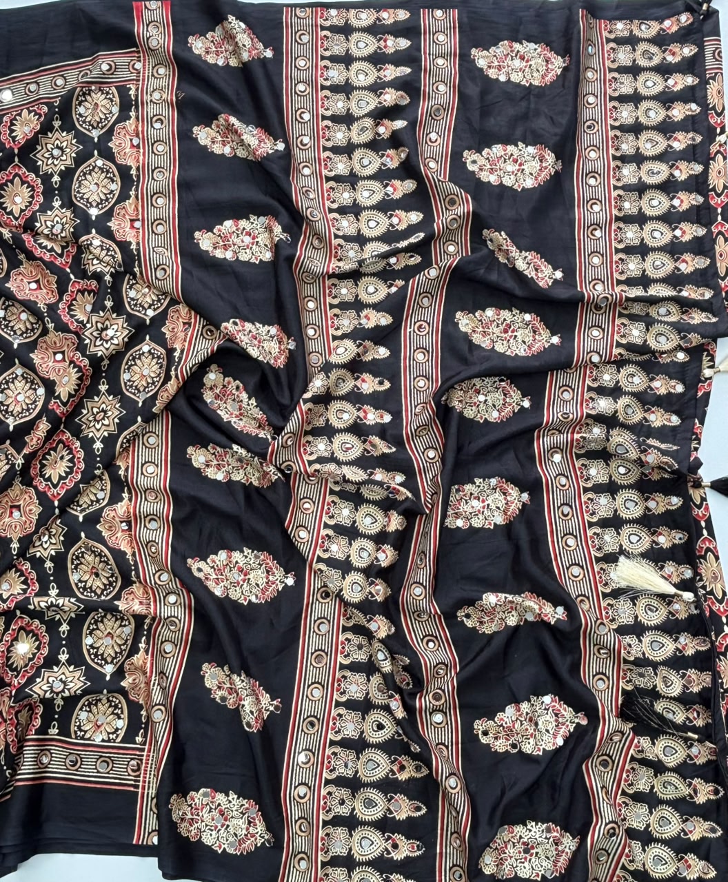 Alverina Function Wear Pure Satin Silk Ajrak Printed Rich Pallu n Mirror Work Fancy Saree With Blouse Piece