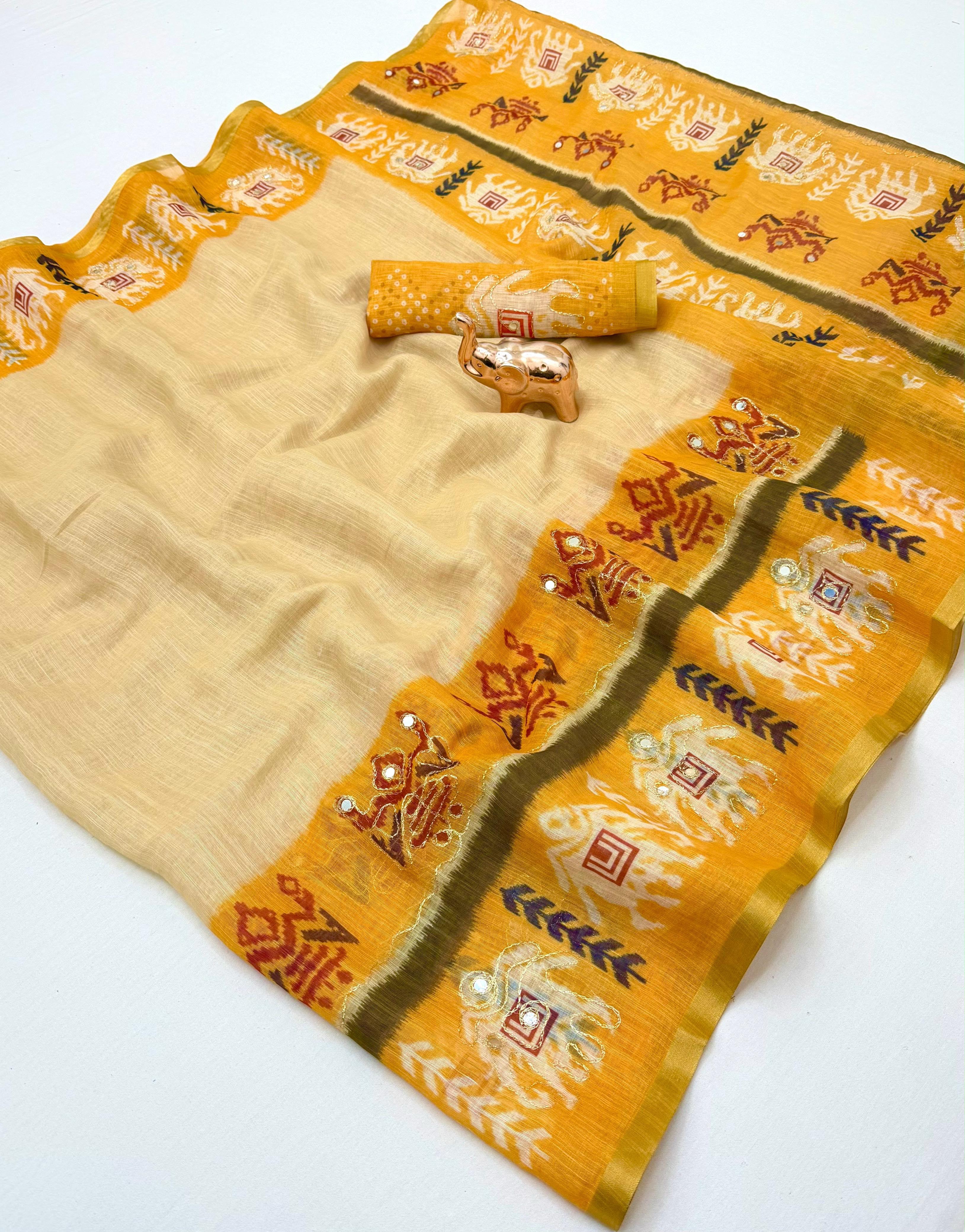 Alverina Function Wear Linen Cotton Digital Print Thread Work Fancy Saree With Matching Blouse Piece