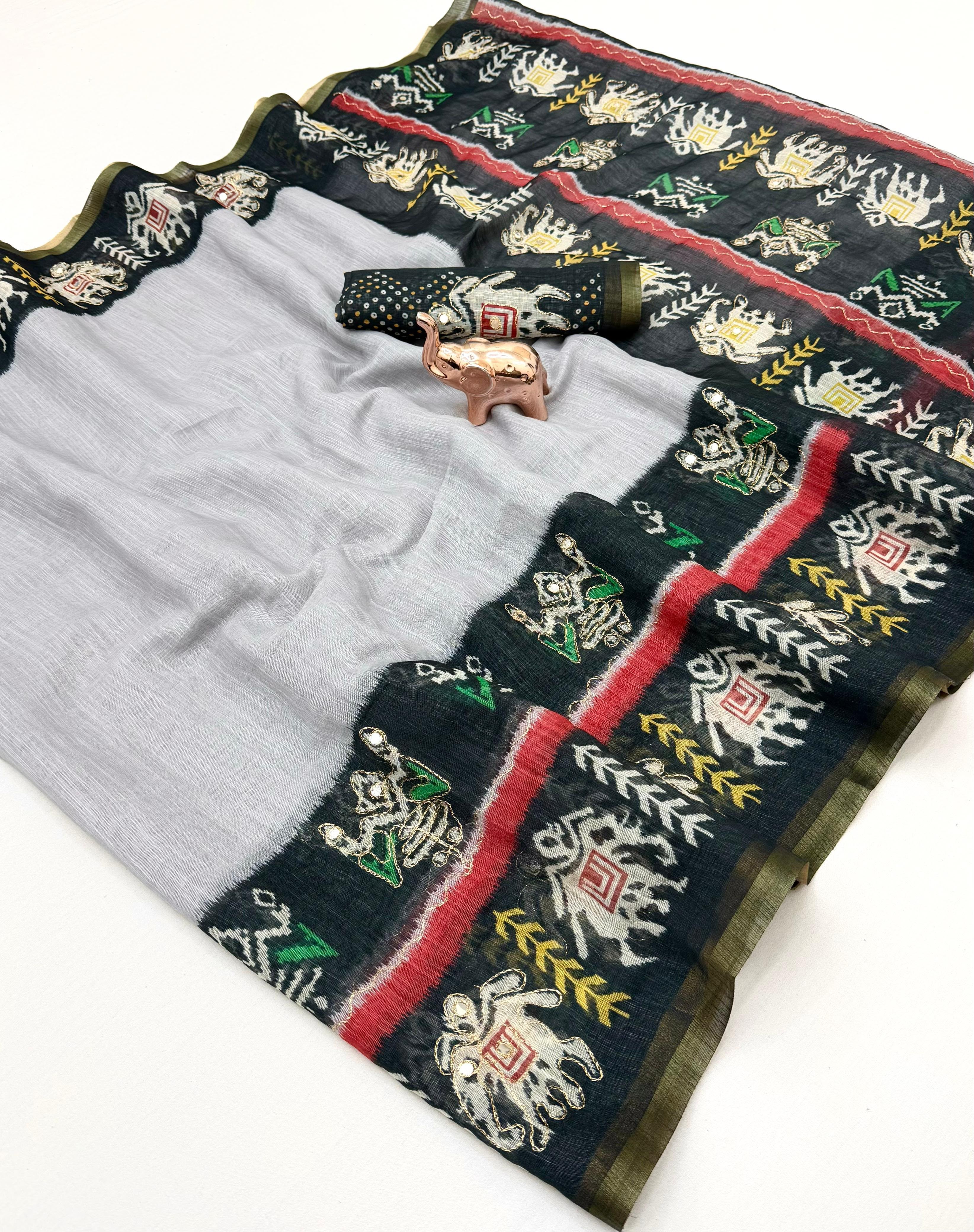 Alverina Function Wear Linen Cotton Digital Print Thread Work Fancy Saree With Matching Blouse Piece