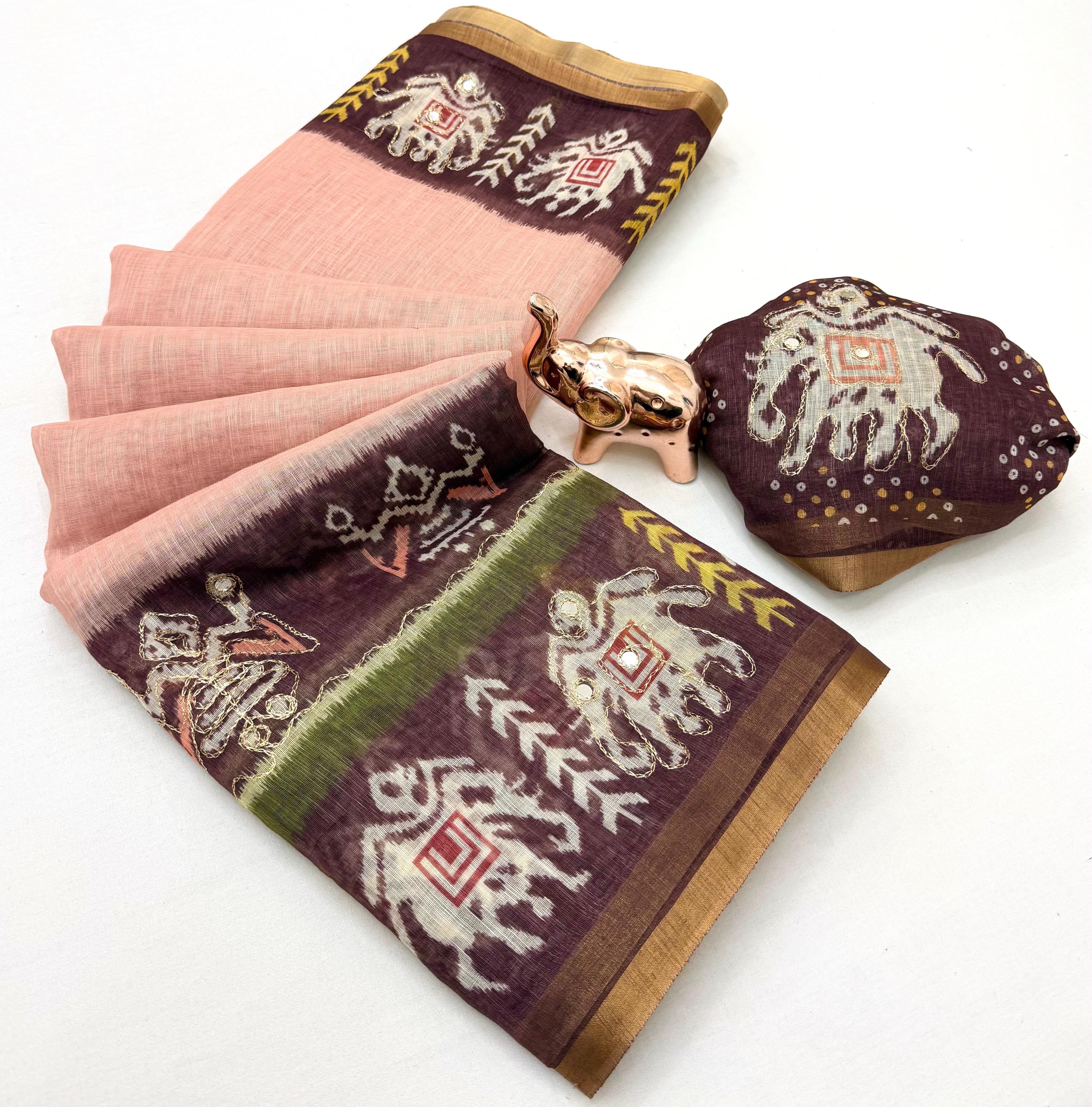 Alverina Function Wear Linen Cotton Digital Print Thread Work Fancy Saree With Matching Blouse Piece