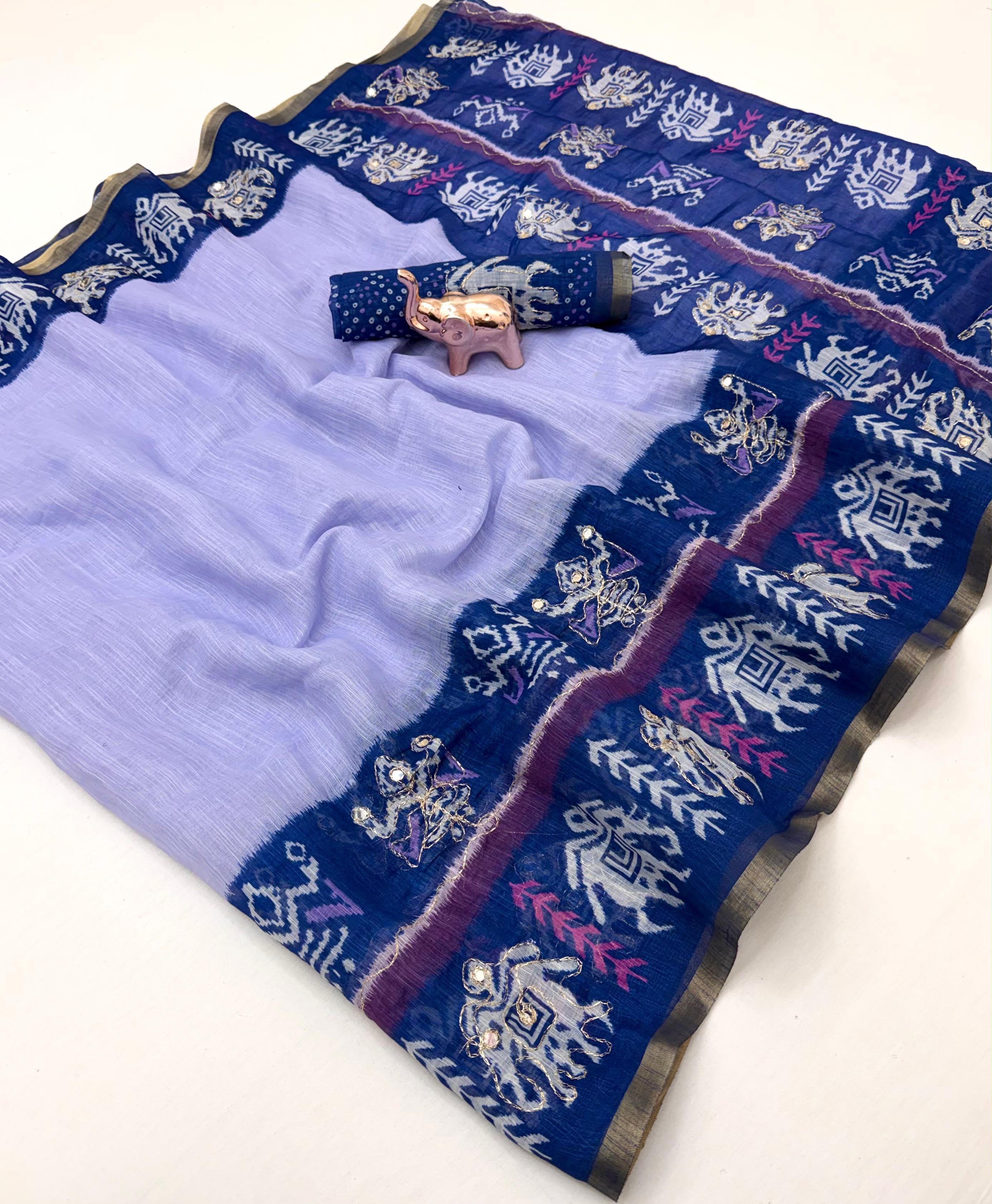 Alverina Function Wear Linen Cotton Digital Print Thread Work Fancy Saree With Matching Blouse Piece