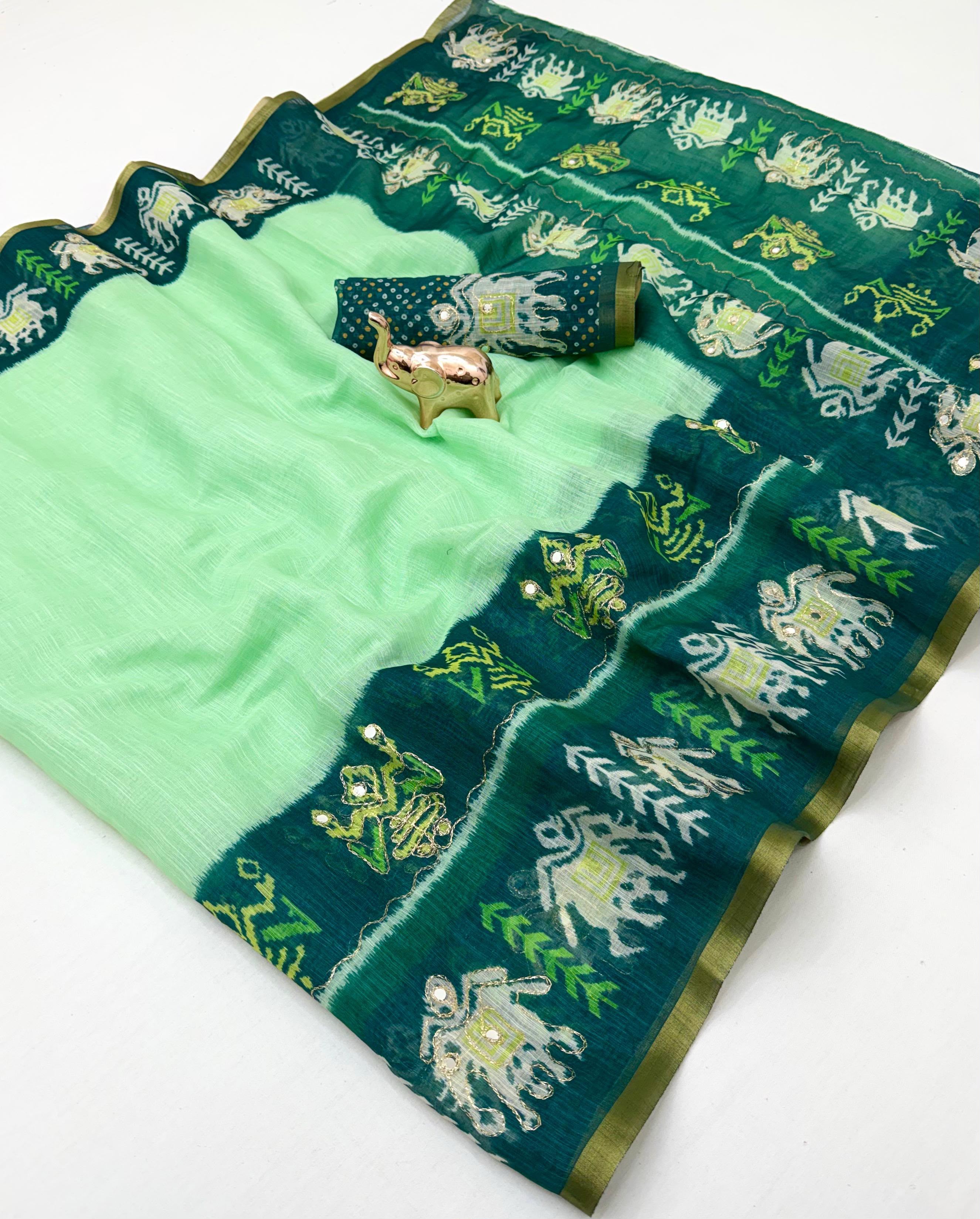 Alverina Function Wear Linen Cotton Digital Print Thread Work Fancy Saree With Matching Blouse Piece