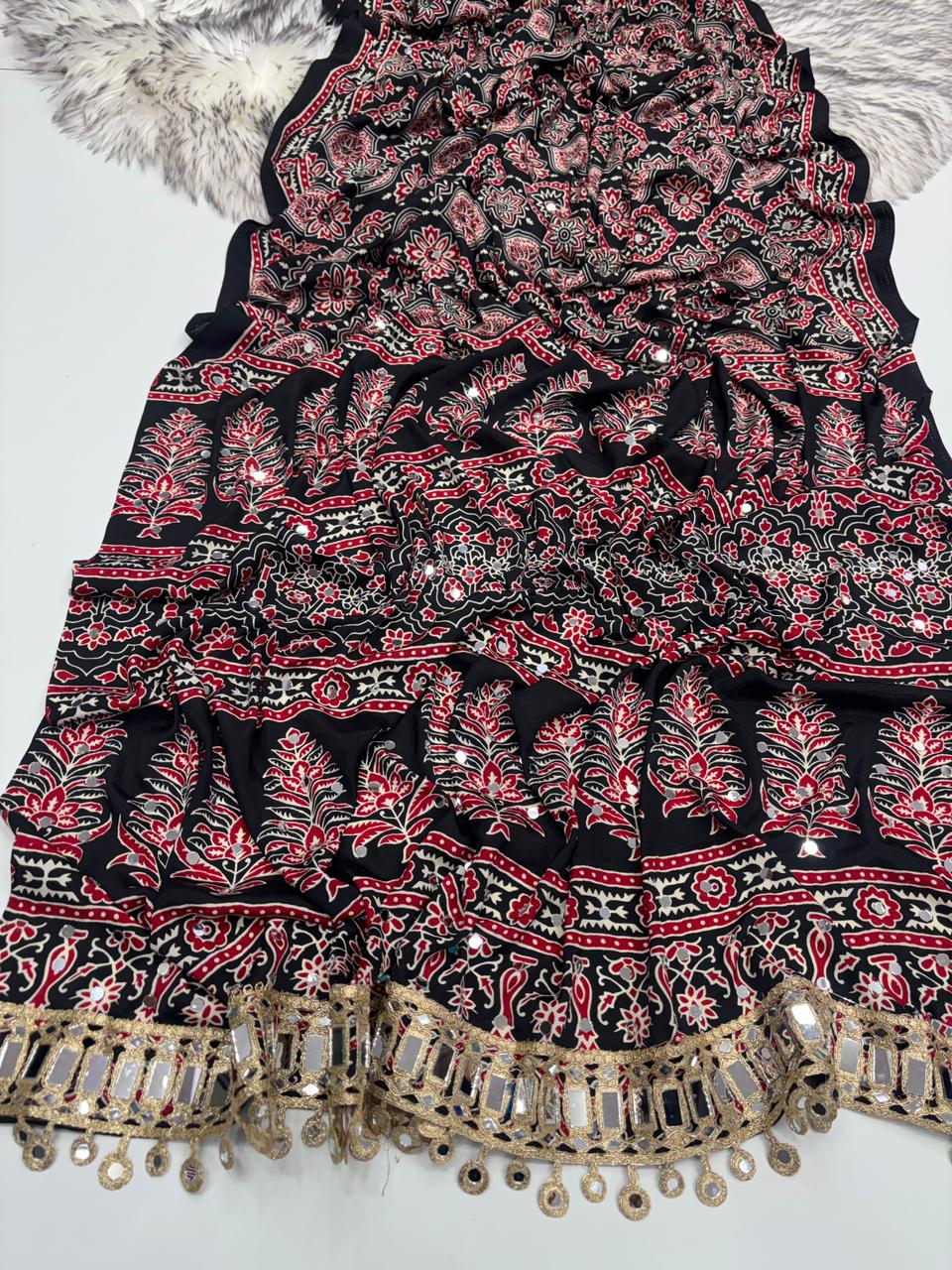 Effervescent Festive Wear Pure Viscose Silk Ajrak Printed Rich Pallu n Mirror Work Designer Saree With Blouse Piece