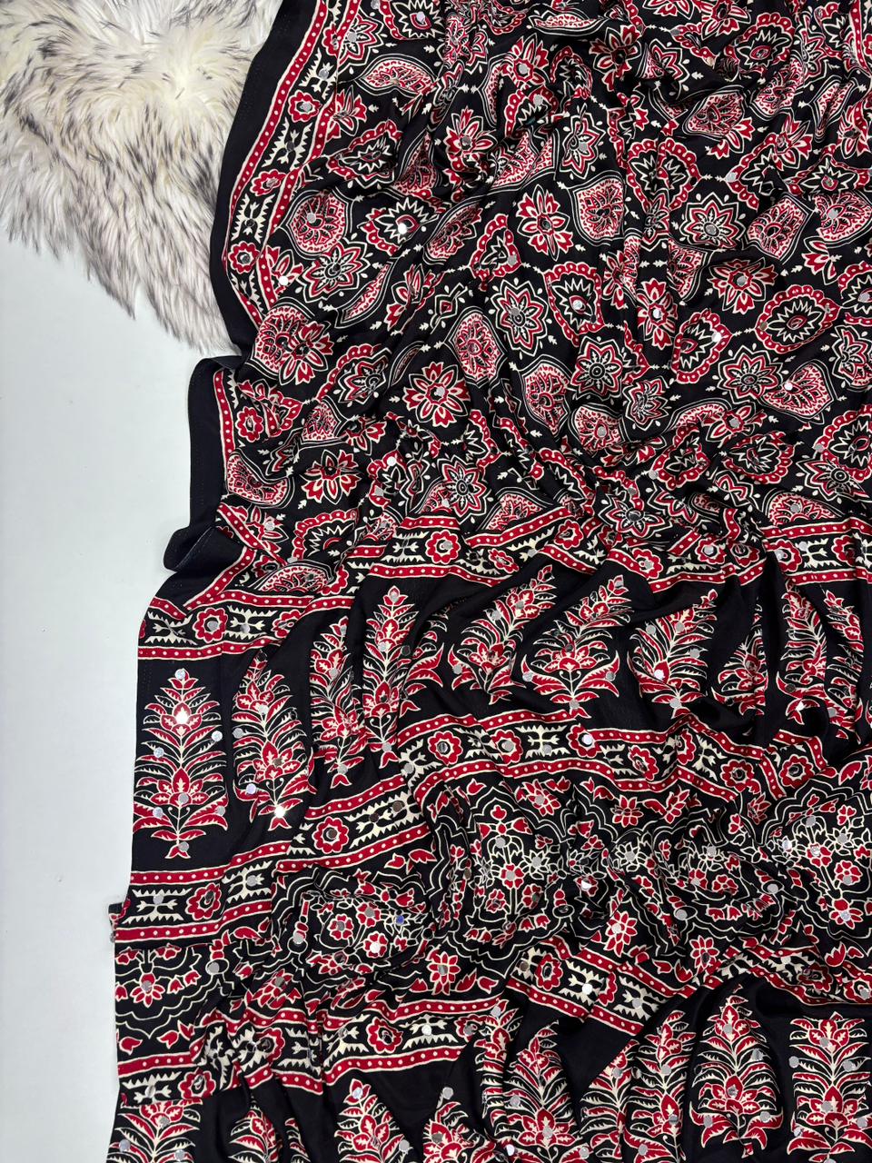 Effervescent Festive Wear Pure Viscose Silk Ajrak Printed Rich Pallu n Mirror Work Designer Saree With Blouse Piece