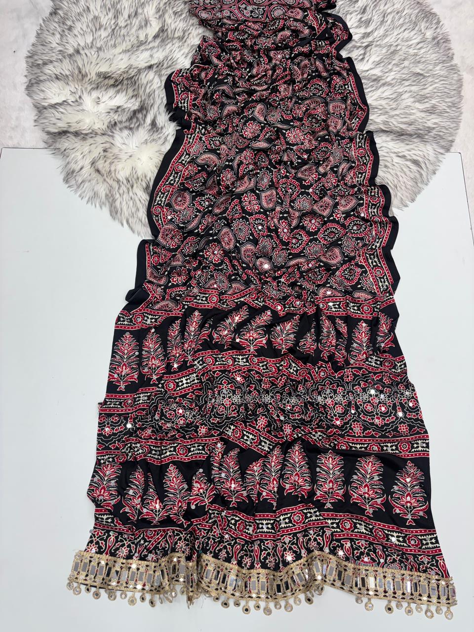 Effervescent Festive Wear Pure Viscose Silk Ajrak Printed Rich Pallu n Mirror Work Designer Saree With Blouse Piece