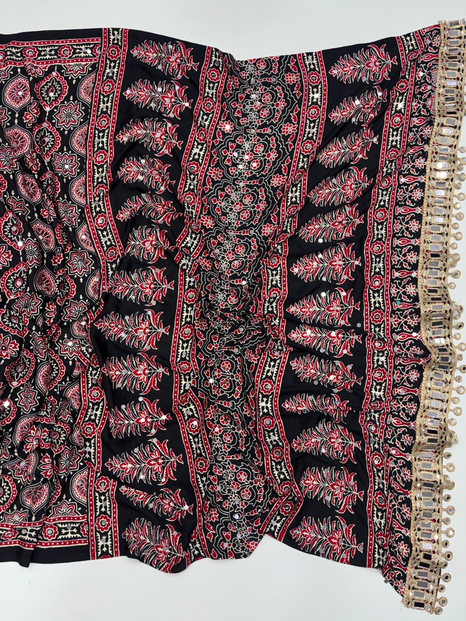 Effervescent Festive Wear Pure Viscose Silk Ajrak Printed Rich Pallu n Mirror Work Designer Saree With Blouse Piece