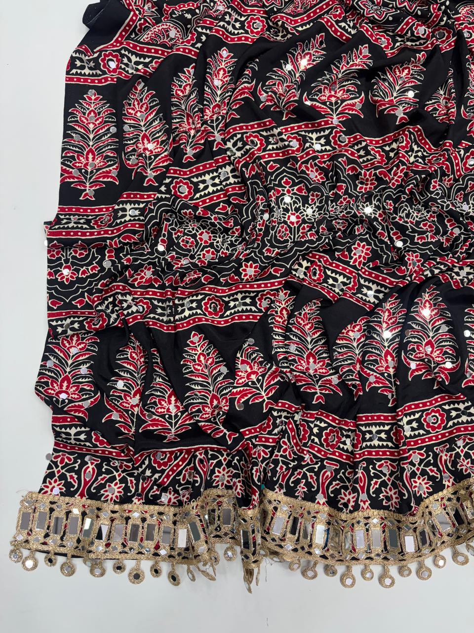 Effervescent Festive Wear Pure Viscose Silk Ajrak Printed Rich Pallu n Mirror Work Designer Saree With Blouse Piece