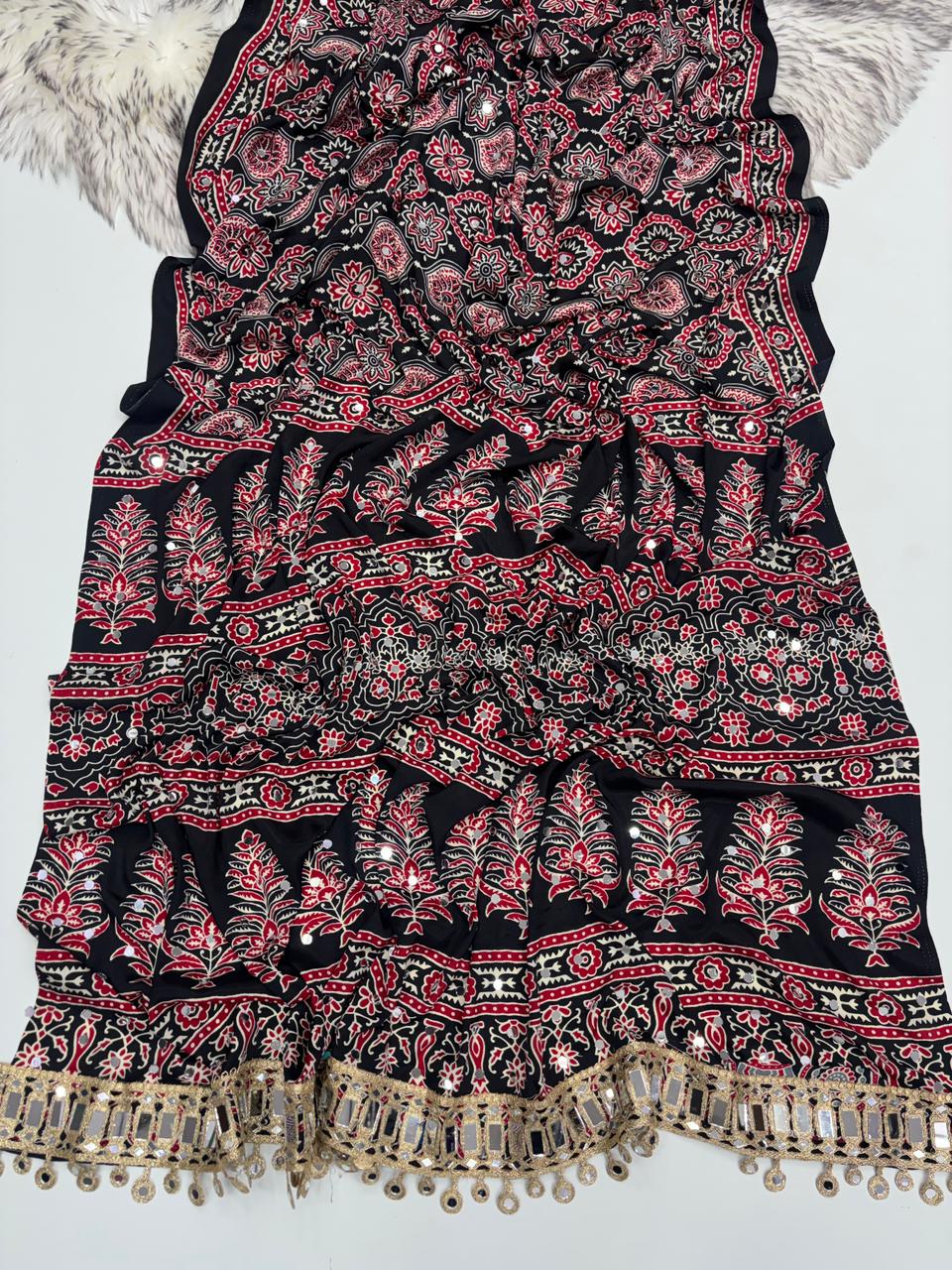 Effervescent Festive Wear Pure Viscose Silk Ajrak Printed Rich Pallu n Mirror Work Designer Saree With Blouse Piece