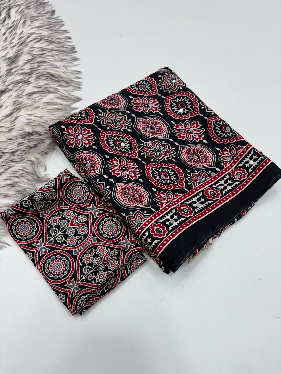 Effervescent Festive Wear Pure Viscose Silk Ajrak Printed Rich Pallu n Mirror Work Designer Saree With Blouse Piece