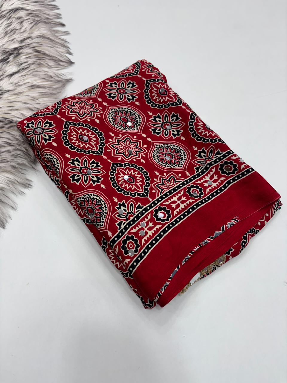 Effervescent Festive Wear Pure Viscose Silk Ajrak Printed Rich Pallu n Mirror Work Designer Saree With Blouse Piece