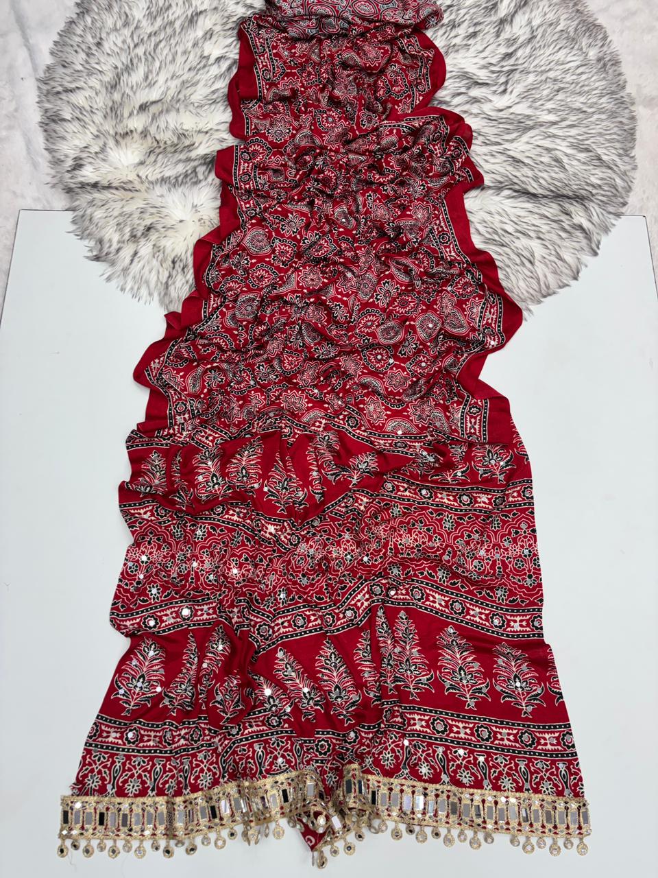 Effervescent Festive Wear Pure Viscose Silk Ajrak Printed Rich Pallu n Mirror Work Designer Saree With Blouse Piece