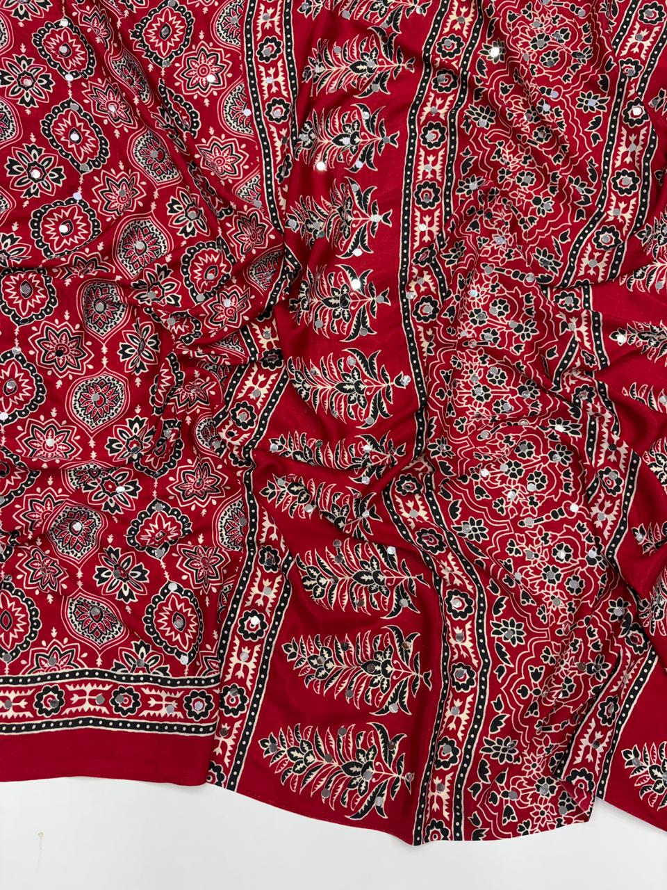Effervescent Festive Wear Pure Viscose Silk Ajrak Printed Rich Pallu n Mirror Work Designer Saree With Blouse Piece