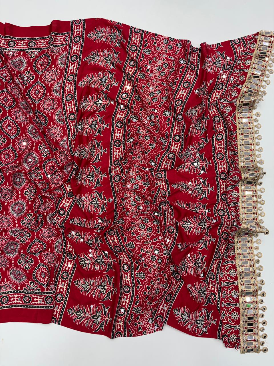 Effervescent Festive Wear Pure Viscose Silk Ajrak Printed Rich Pallu n Mirror Work Designer Saree With Blouse Piece