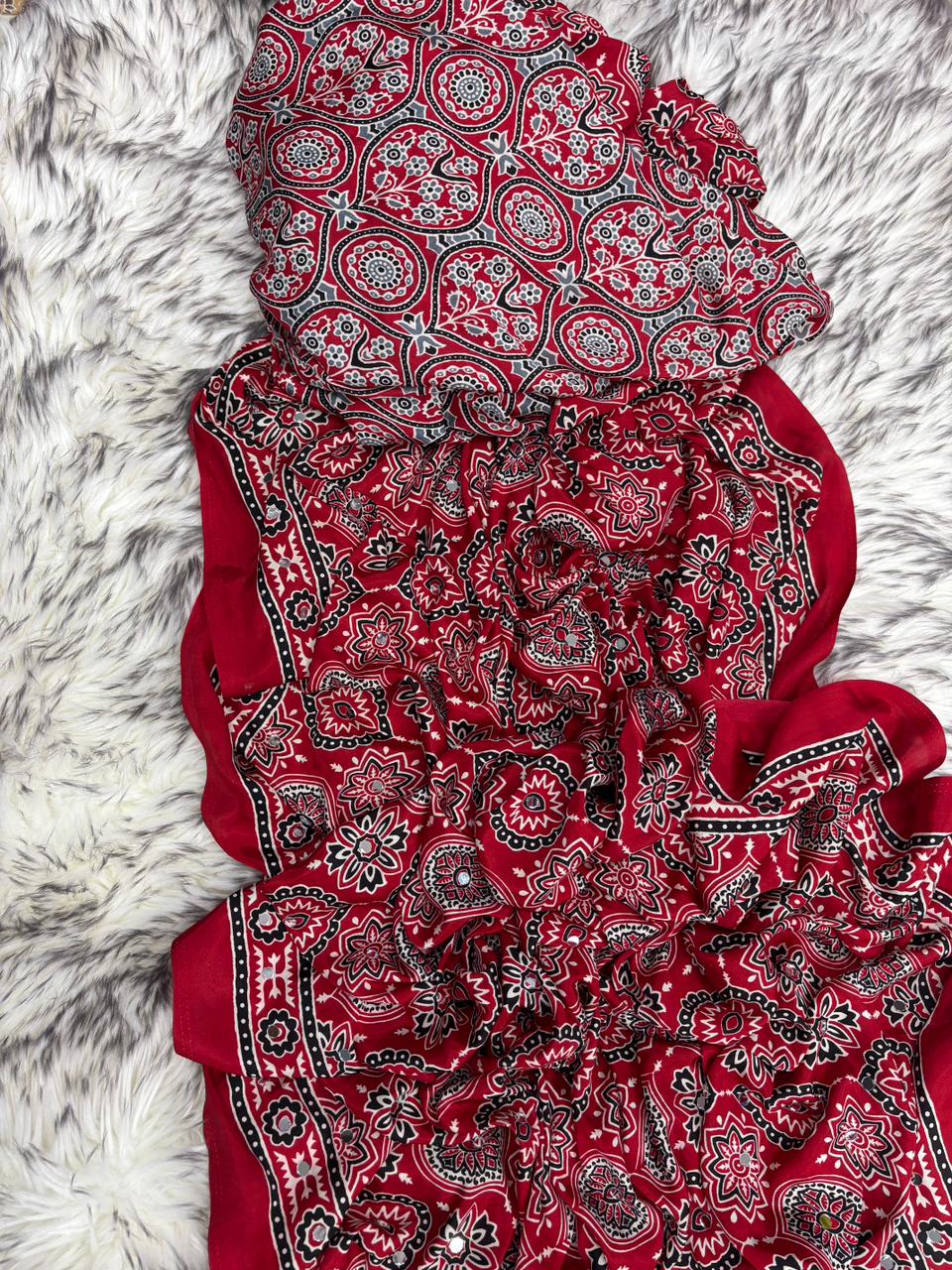 Effervescent Festive Wear Pure Viscose Silk Ajrak Printed Rich Pallu n Mirror Work Designer Saree With Blouse Piece