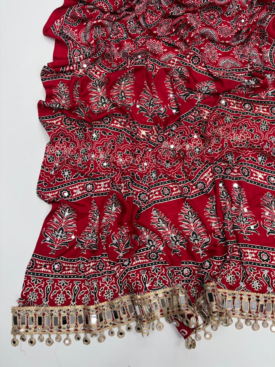 Effervescent Festive Wear Pure Viscose Silk Ajrak Printed Rich Pallu n Mirror Work Designer Saree With Blouse Piece