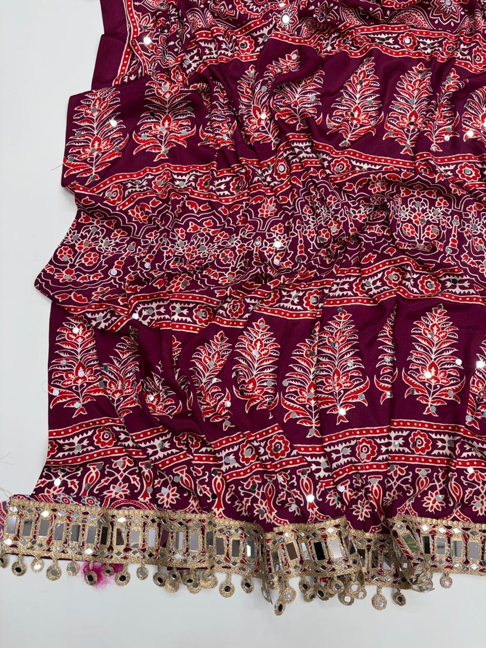 Effervescent Festive Wear Pure Viscose Silk Ajrak Printed Rich Pallu n Mirror Work Designer Saree With Blouse Piece