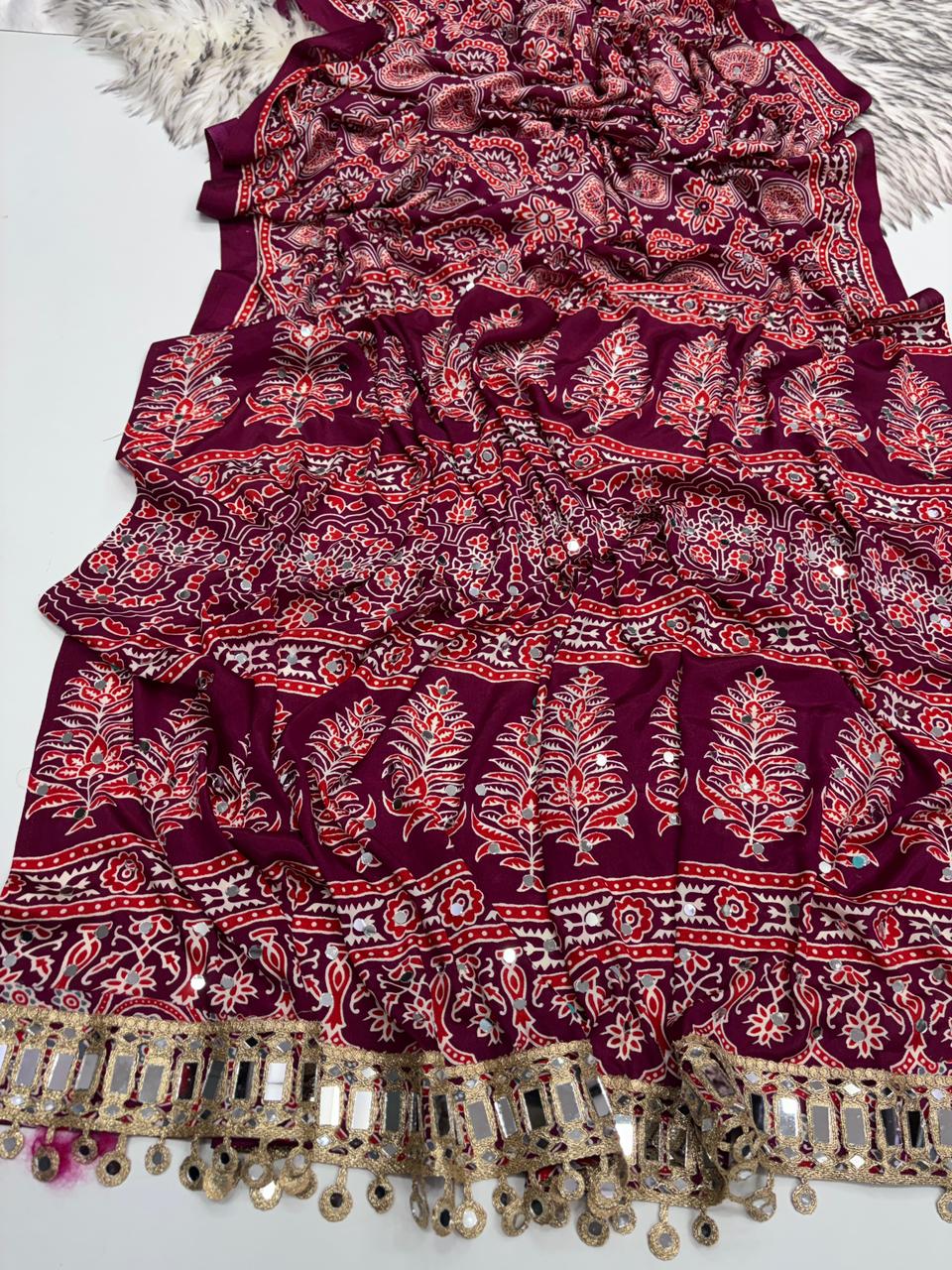 Effervescent Festive Wear Pure Viscose Silk Ajrak Printed Rich Pallu n Mirror Work Designer Saree With Blouse Piece