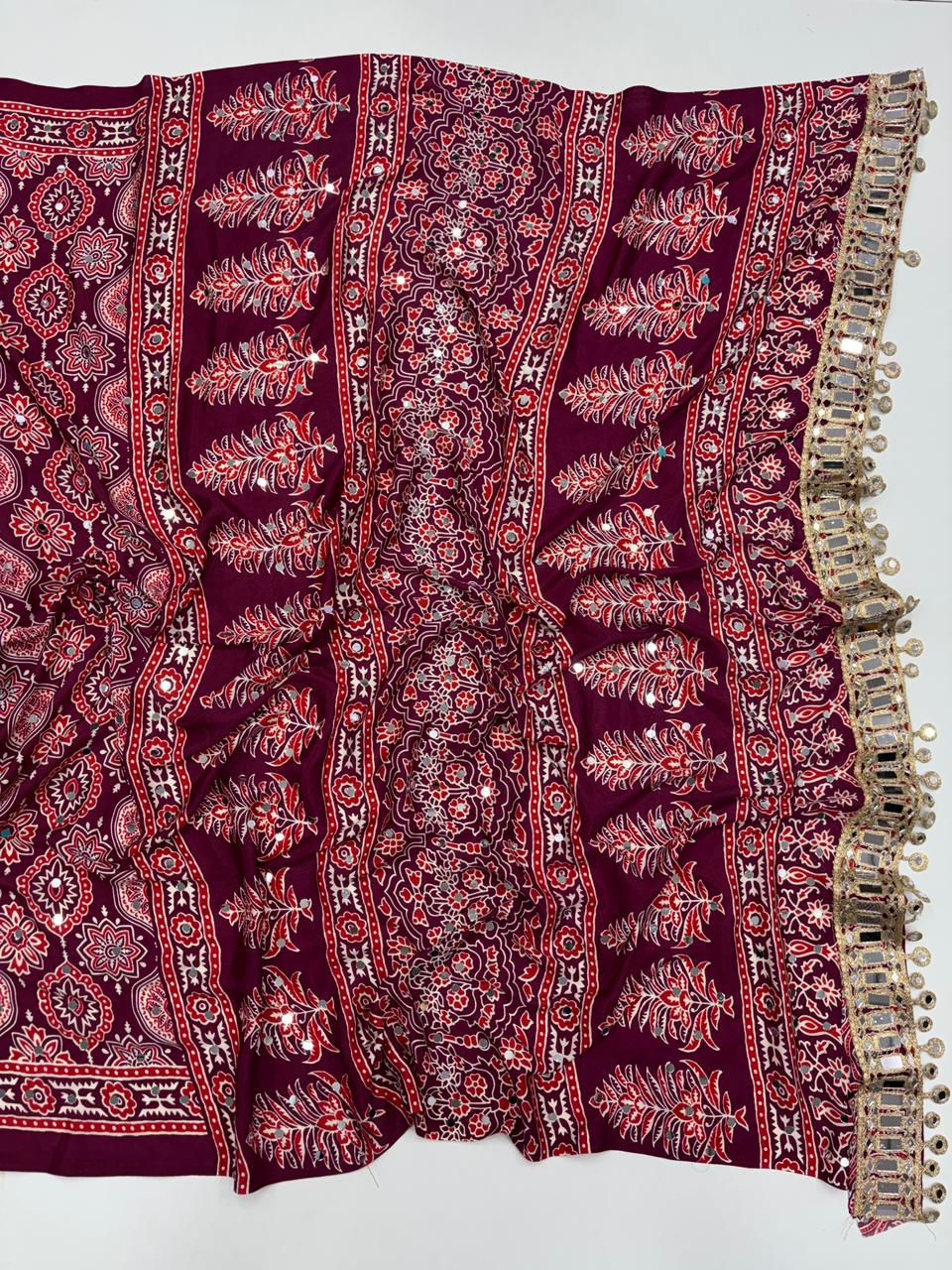 Effervescent Festive Wear Pure Viscose Silk Ajrak Printed Rich Pallu n Mirror Work Designer Saree With Blouse Piece