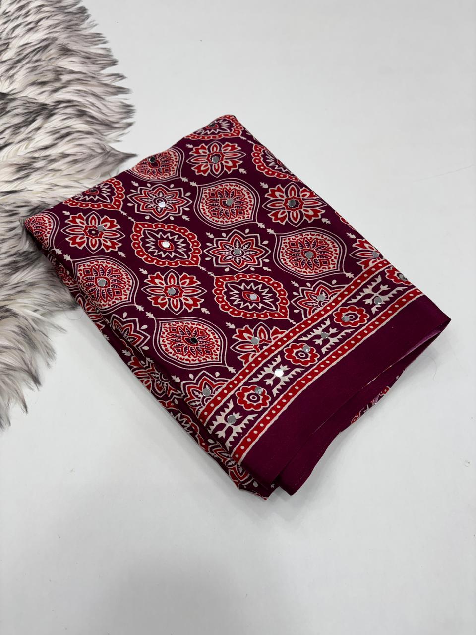 Effervescent Festive Wear Pure Viscose Silk Ajrak Printed Rich Pallu n Mirror Work Designer Saree With Blouse Piece