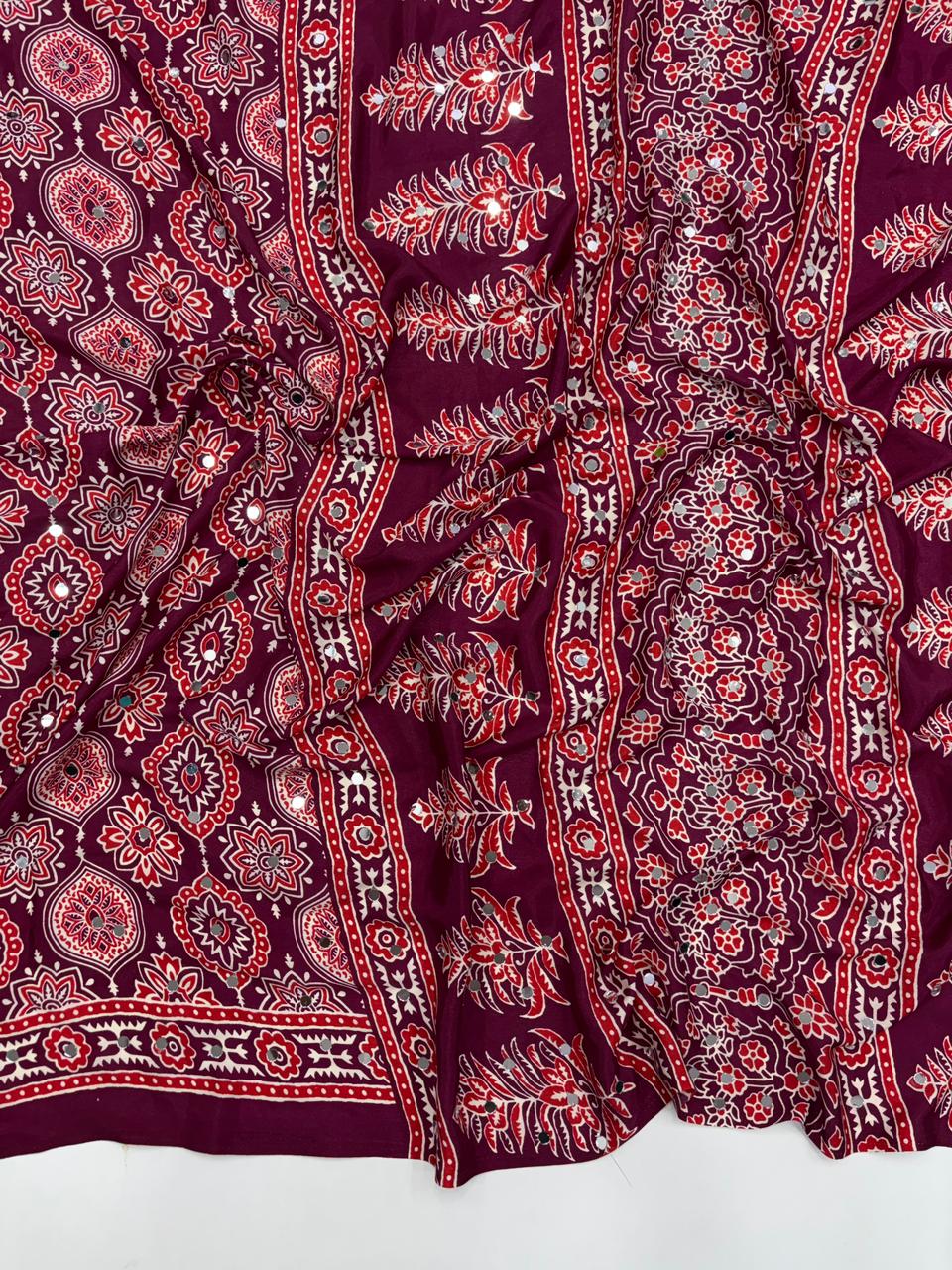 Effervescent Festive Wear Pure Viscose Silk Ajrak Printed Rich Pallu n Mirror Work Designer Saree With Blouse Piece