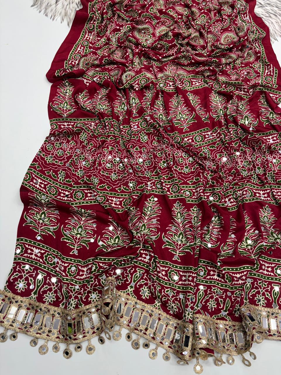Effervescent Festive Wear Pure Viscose Silk Ajrak Printed Rich Pallu n Mirror Work Designer Saree With Blouse Piece