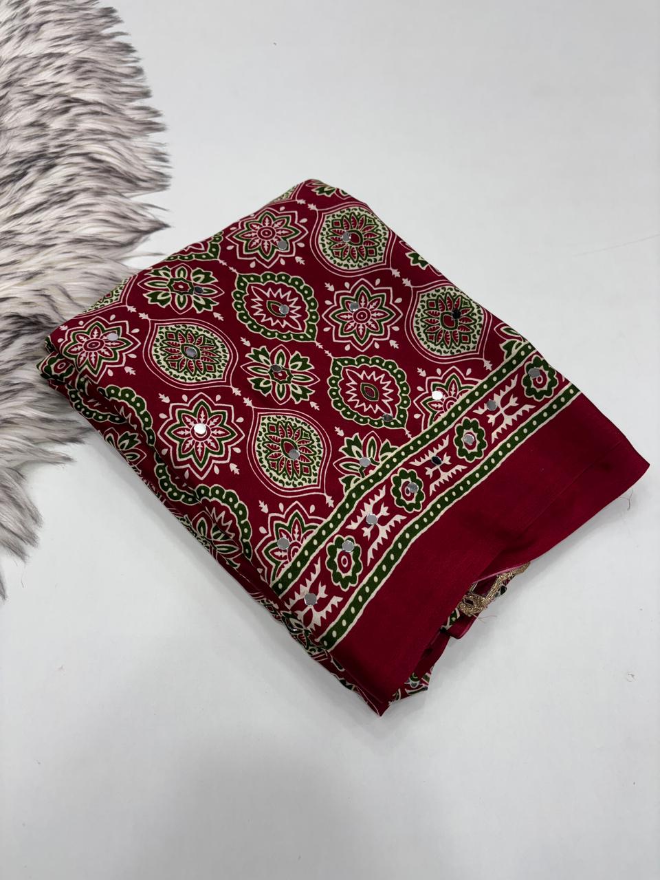 Effervescent Festive Wear Pure Viscose Silk Ajrak Printed Rich Pallu n Mirror Work Designer Saree With Blouse Piece