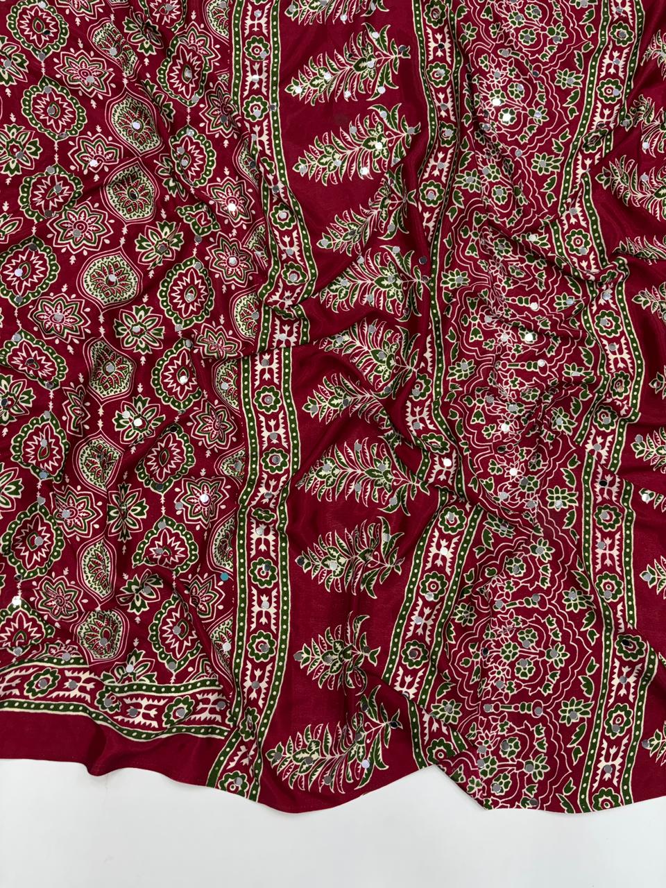 Effervescent Festive Wear Pure Viscose Silk Ajrak Printed Rich Pallu n Mirror Work Designer Saree With Blouse Piece
