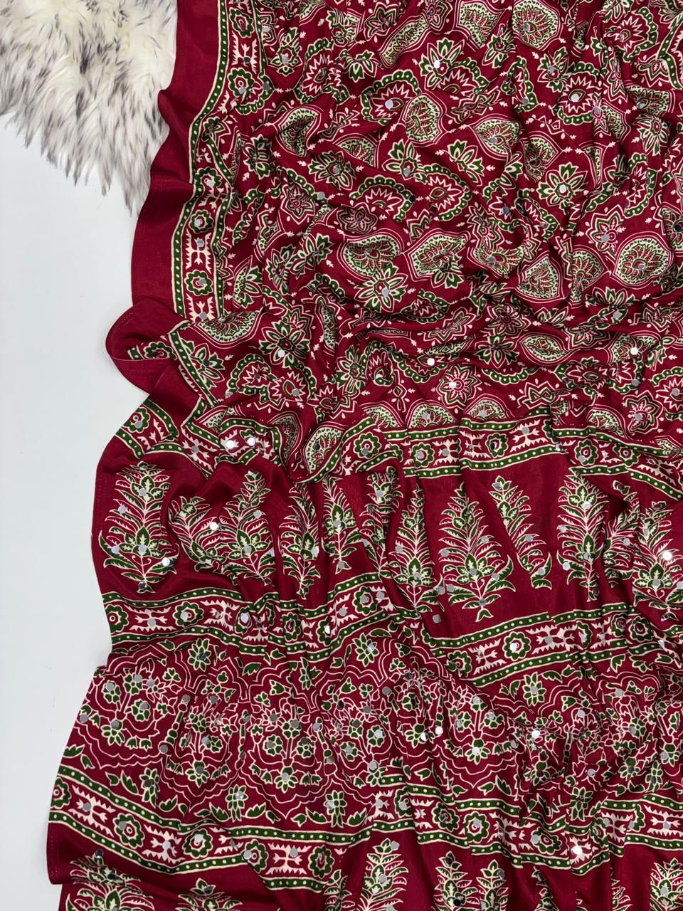 Effervescent Festive Wear Pure Viscose Silk Ajrak Printed Rich Pallu n Mirror Work Designer Saree With Blouse Piece