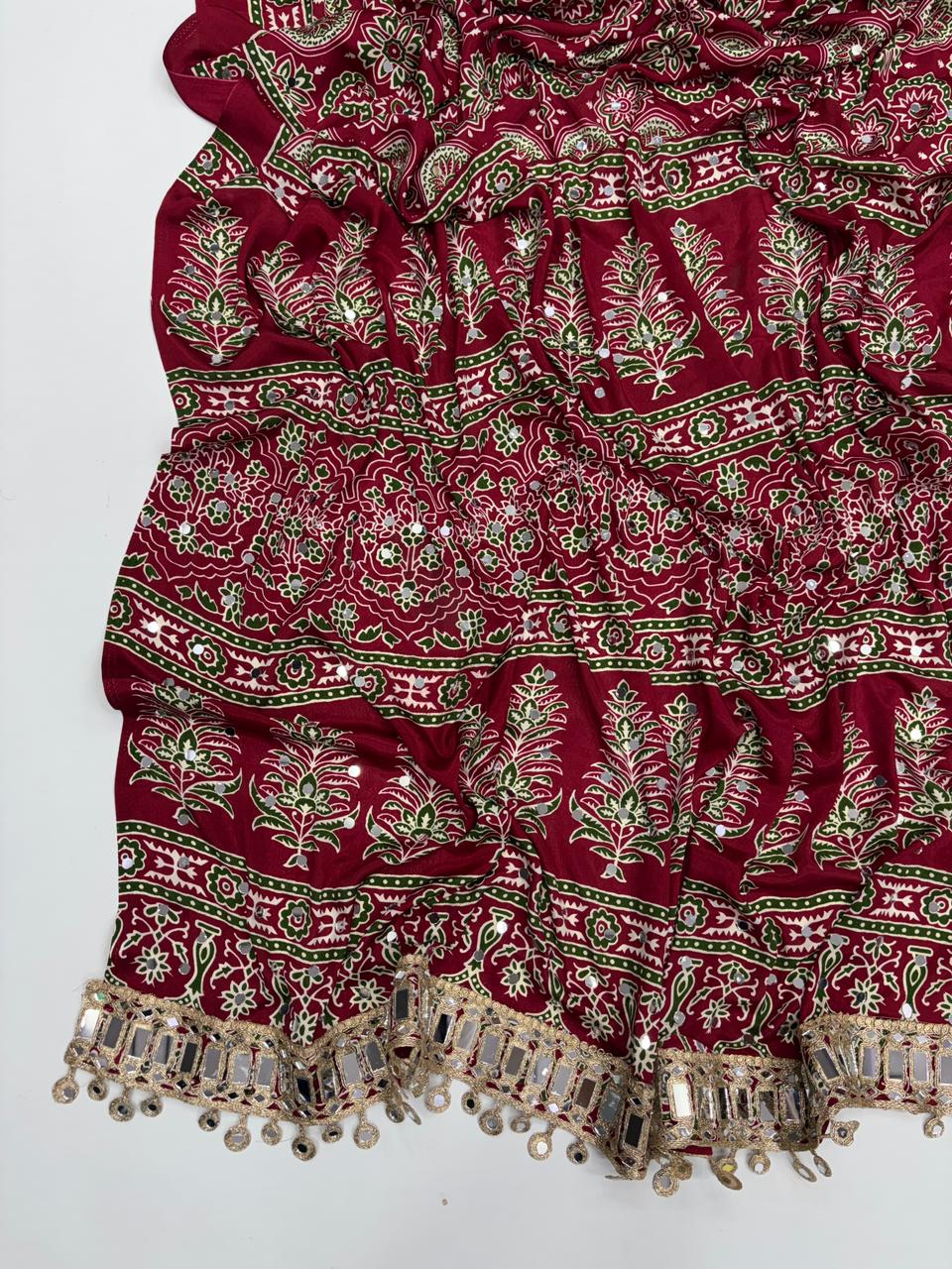 Effervescent Festive Wear Pure Viscose Silk Ajrak Printed Rich Pallu n Mirror Work Designer Saree With Blouse Piece