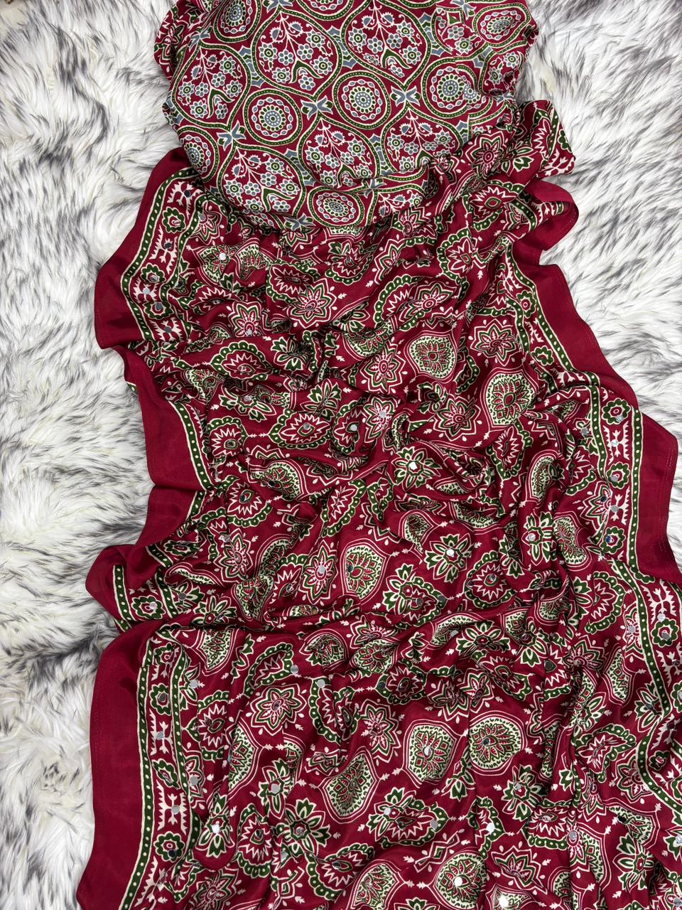 Effervescent Festive Wear Pure Viscose Silk Ajrak Printed Rich Pallu n Mirror Work Designer Saree With Blouse Piece