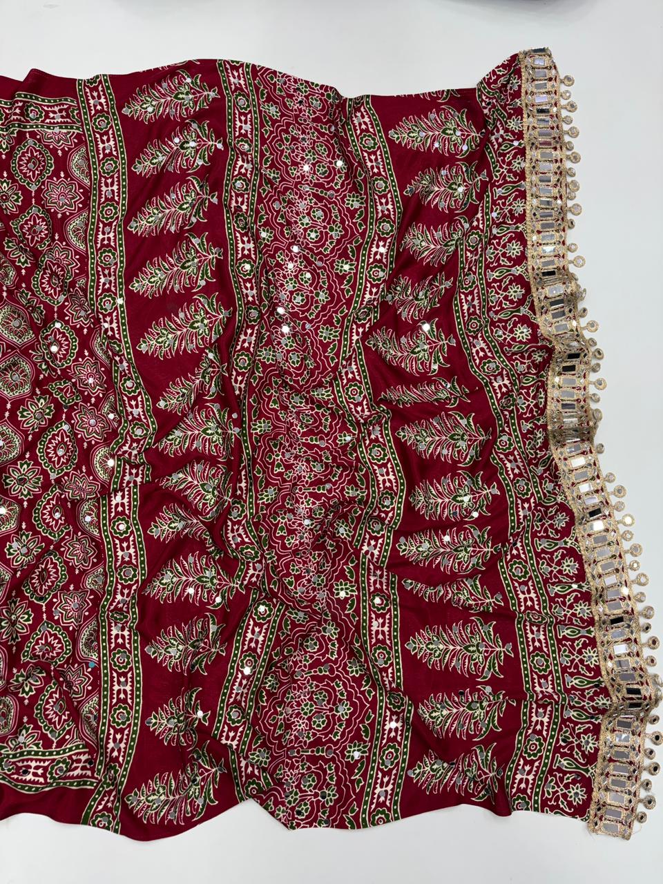 Effervescent Festive Wear Pure Viscose Silk Ajrak Printed Rich Pallu n Mirror Work Designer Saree With Blouse Piece