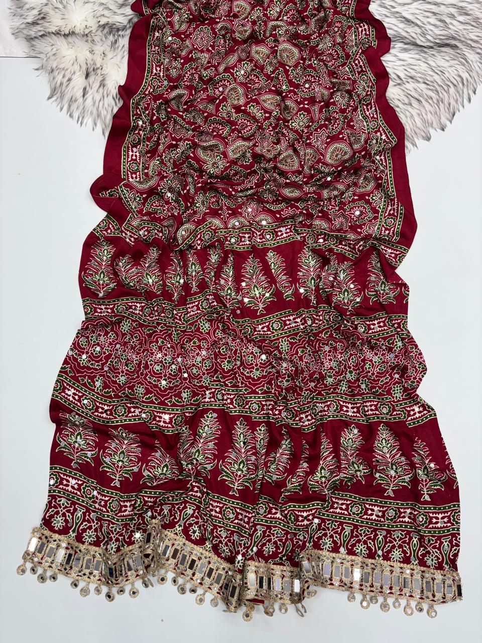 Effervescent Festive Wear Pure Viscose Silk Ajrak Printed Rich Pallu n Mirror Work Designer Saree With Blouse Piece