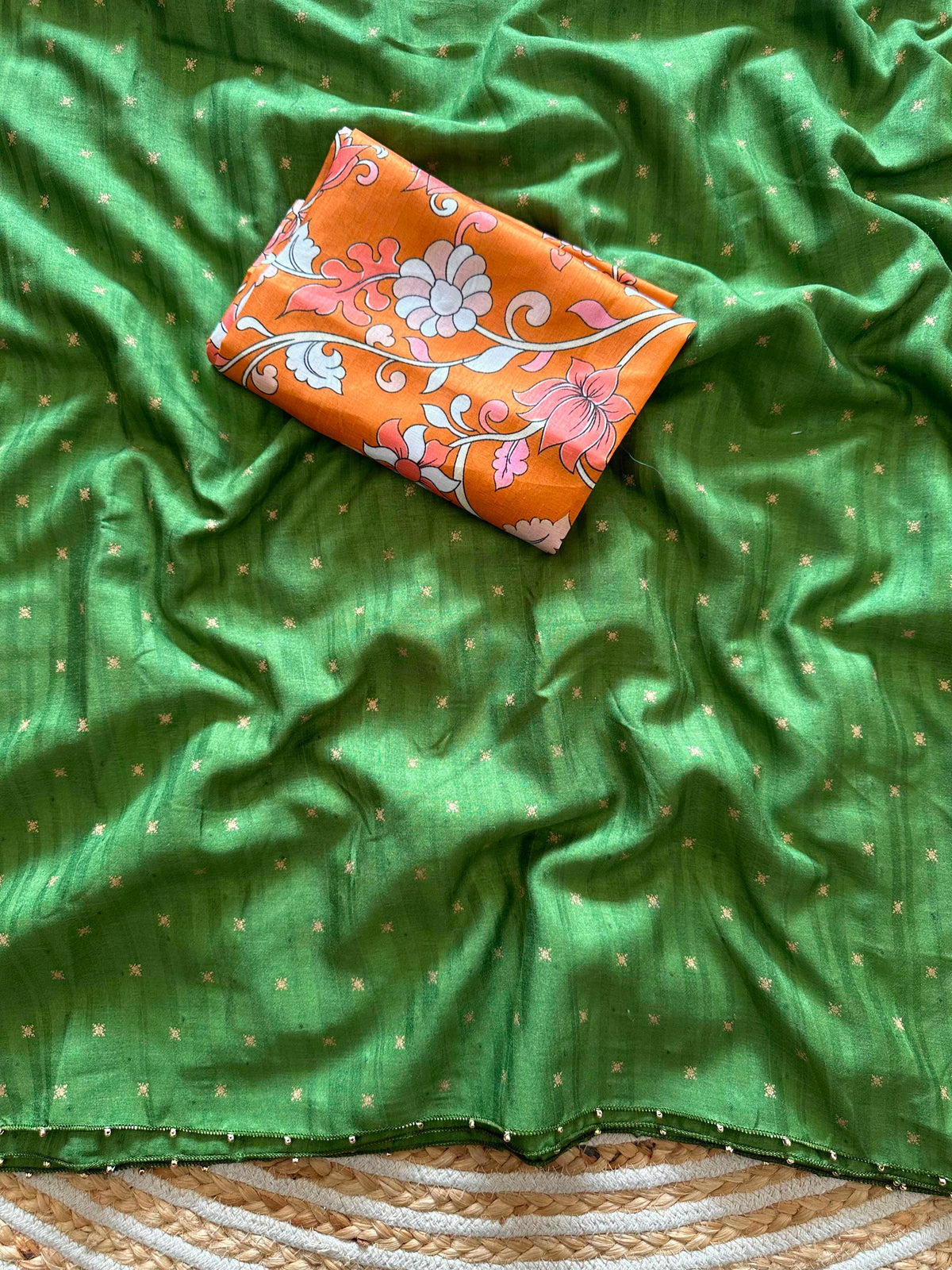 Gratifying Function Wear Tussar Silk Golden Zari n Moti Work Border Desginer Saree With Blissful Blouse piece