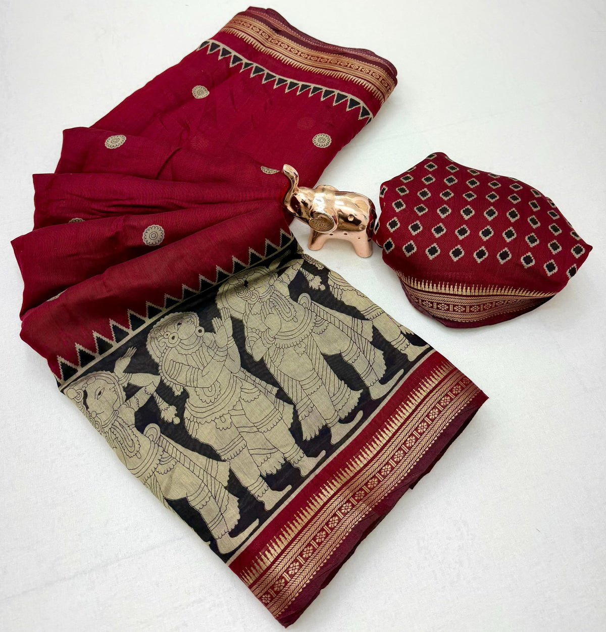 Desiring Festive Wear Soft Cotton Kalamkari Print Zari Weaving Border Saree With Blouse Piece